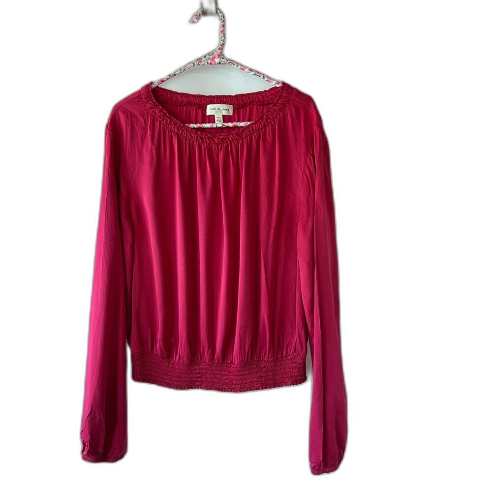 Cloth & Stone Anthropologie Deep Pink Luxe Satin Smocked Banded Blouse Top Sz L
